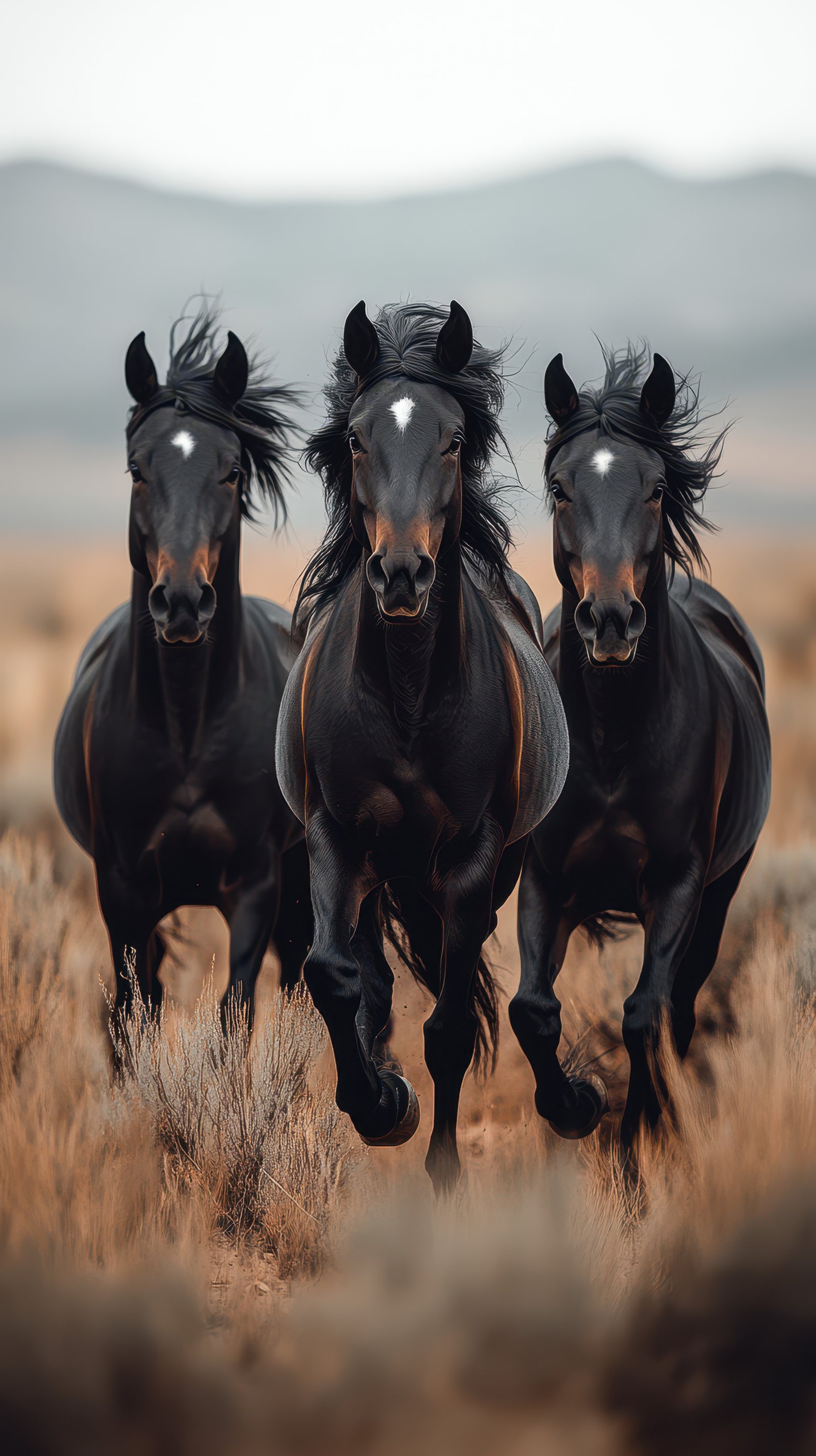 Majestic black horses run together through the golden grass under a cloudy sky in a remote landscape
